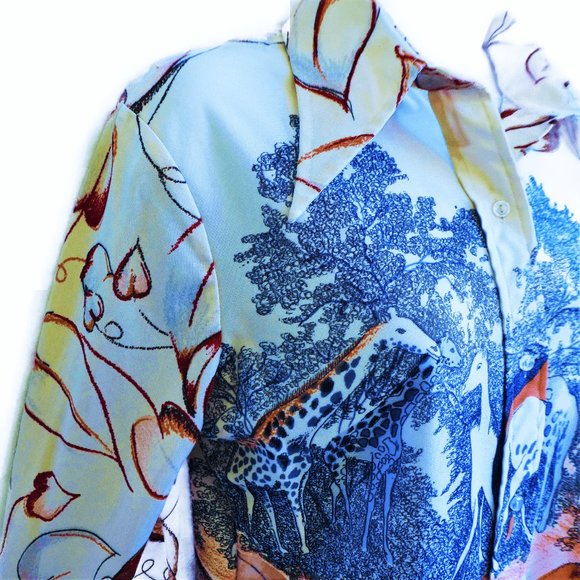 Loubella Vintage 70s Disco Nylon Top GiRAFFES Botanical Hearts Dagger Collar - Picture 4 of 10